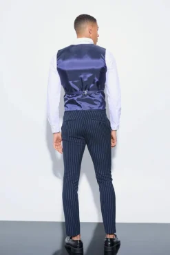 Discount boohoo Skinny Fit Pinstripe Double Breasted Suit navy