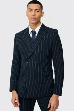 Outlet boohooMAN Skinny Fit Pinstripe Double Breasted Blazer navy