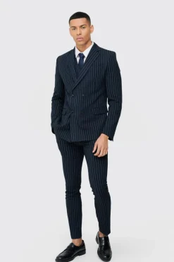 Outlet boohooMAN Skinny Fit Pinstripe Double Breasted Blazer navy