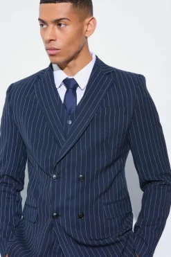 Outlet boohooMAN Skinny Fit Pinstripe Double Breasted Blazer navy