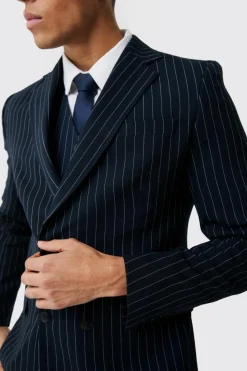 Outlet boohooMAN Skinny Fit Pinstripe Double Breasted Blazer navy