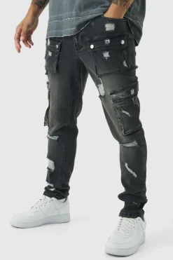 Fashion boohooMAN Skinny Fit Ripped Cargo Jeans washed black