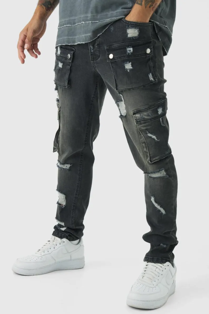 Fashion boohooMAN Skinny Fit Ripped Cargo Jeans washed black