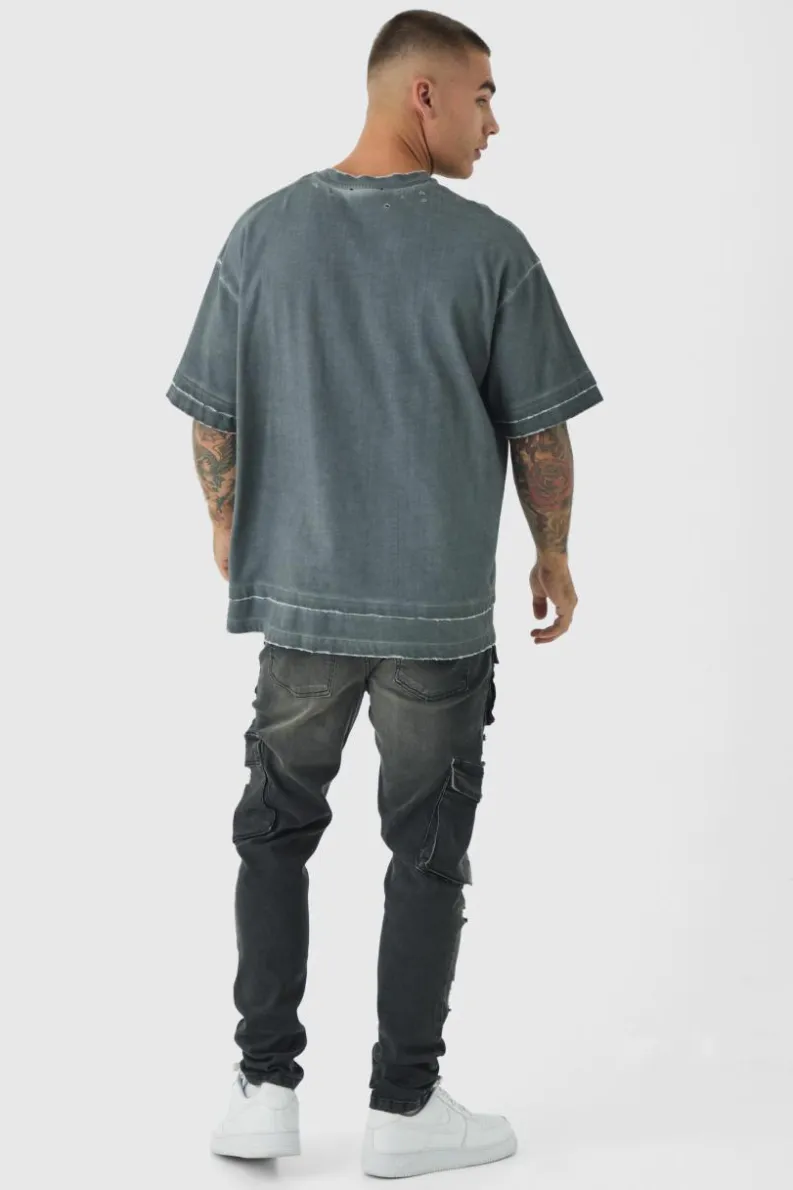 Fashion boohooMAN Skinny Fit Ripped Cargo Jeans washed black