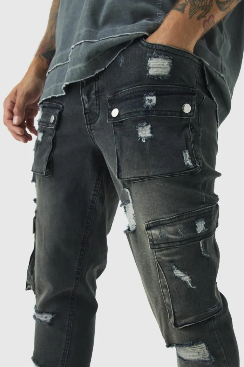 Fashion boohooMAN Skinny Fit Ripped Cargo Jeans washed black