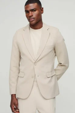 Online boohooMAN Skinny Fit Single Breasted Jersey Blazer stone
