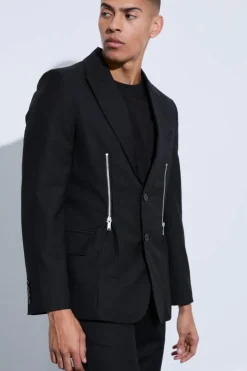 Outlet boohooMAN Skinny Fit Zip Hem Suit Jacket black