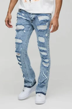Flash Sale boohooMAN Skinny Flared All Over Ripped Distressed Jeans light blue