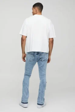 Flash Sale boohooMAN Skinny Flared All Over Ripped Distressed Jeans light blue