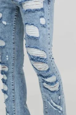 Flash Sale boohooMAN Skinny Flared All Over Ripped Distressed Jeans light blue