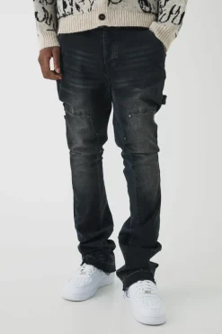 Sale boohooMAN Skinny Flared Stacked Carpenter Gusset Jeans washed black