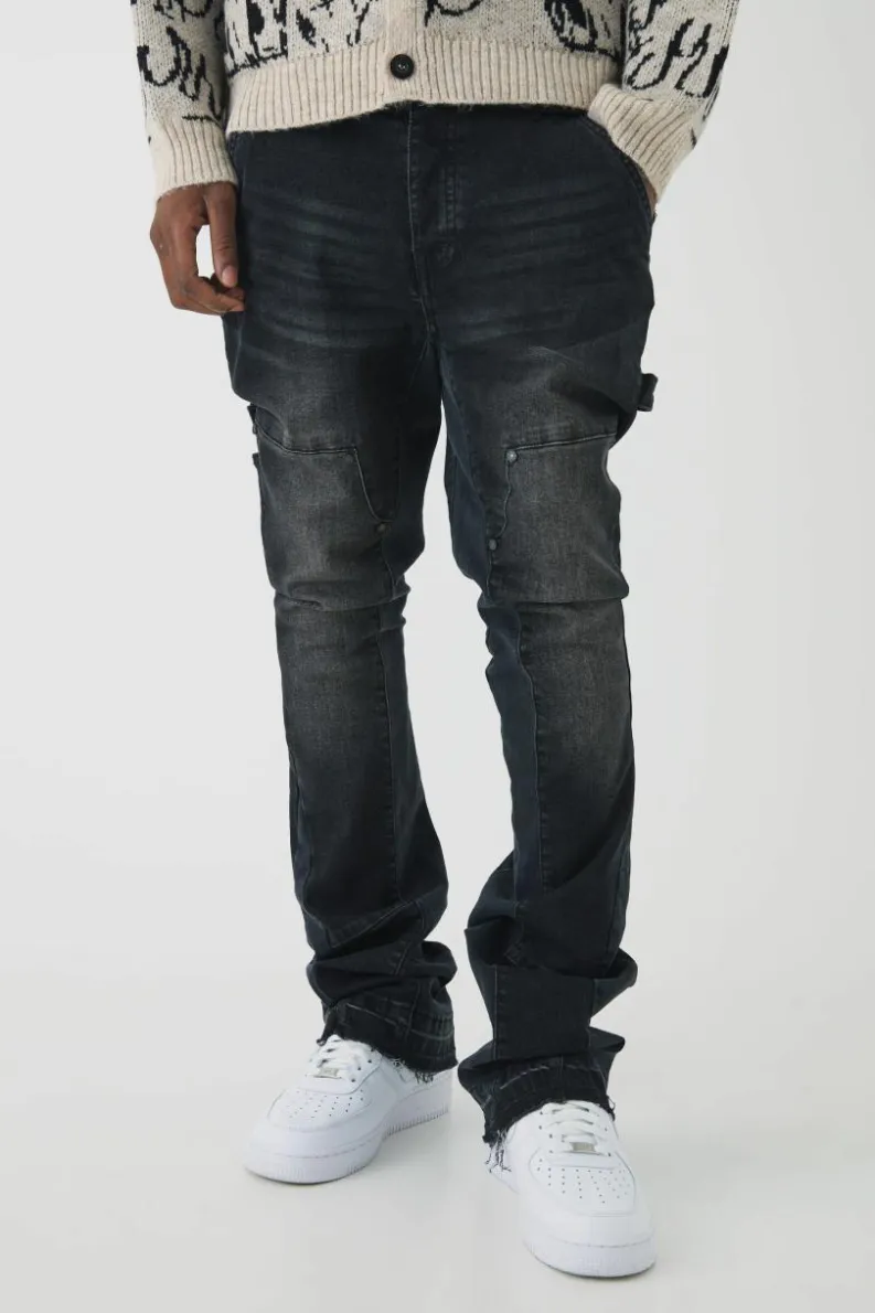Sale boohooMAN Skinny Flared Stacked Carpenter Gusset Jeans washed black