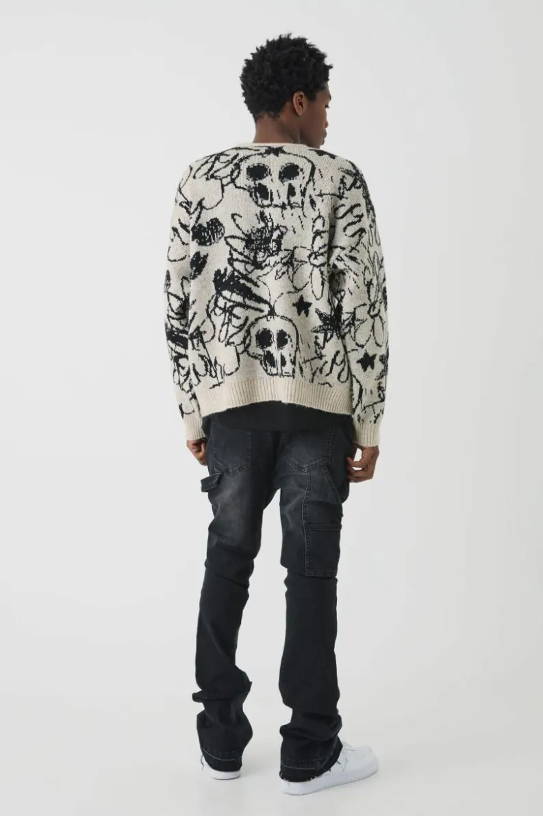 Sale boohooMAN Skinny Flared Stacked Carpenter Gusset Jeans washed black
