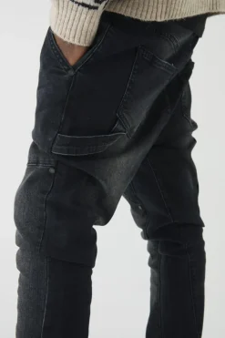 Sale boohooMAN Skinny Flared Stacked Carpenter Gusset Jeans washed black