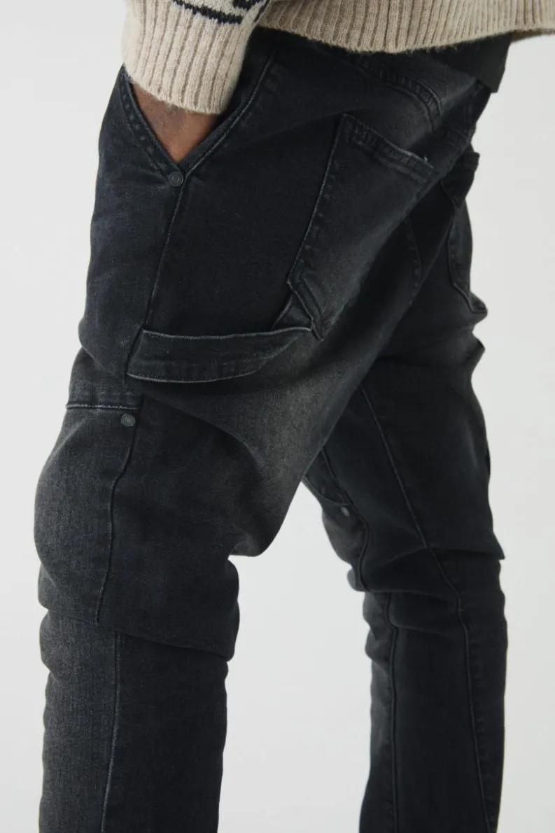 Sale boohooMAN Skinny Flared Stacked Carpenter Gusset Jeans washed black