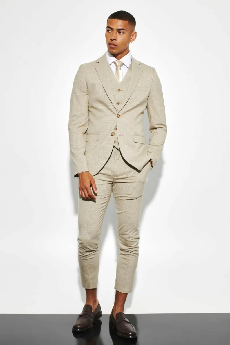 Cheap boohoo Skinny Micro Check Suit beige