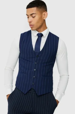 Fashion boohooMAN Skinny Pinstripe Waistcoat navy