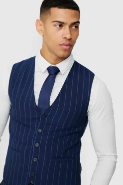 Fashion boohooMAN Skinny Pinstripe Waistcoat navy