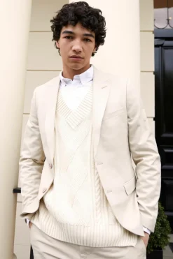 Best boohooMAN Skinny Single Breasted Linen Suit Jacket beige