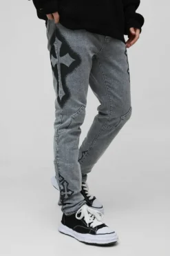 New boohooMAN Skinny Stacked Cross Spray Printed Jeans light grey