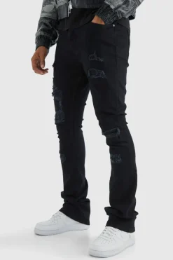 Cheap boohooMAN Skinny Stacked Distressed Ripped Jeans true black