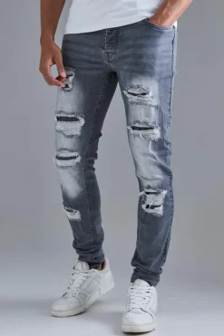 Sale boohooMAN Skinny Stacked Distressed Ripped Jeans In grey