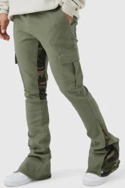 Shop boohooMAN Skinny Stacked Flare Camo Gusset Cargo Trouser khaki