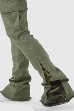 Shop boohooMAN Skinny Stacked Flare Camo Gusset Cargo Trouser khaki