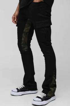 Discount boohooMAN Skinny Stacked Flare Camo Gusset Cargo Trouser black