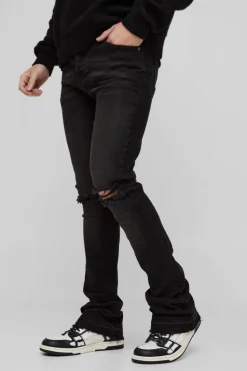 Sale boohooMAN Skinny Stacked Flared Ripped Knee Jeans brown