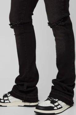 Sale boohooMAN Skinny Stacked Flared Ripped Knee Jeans brown