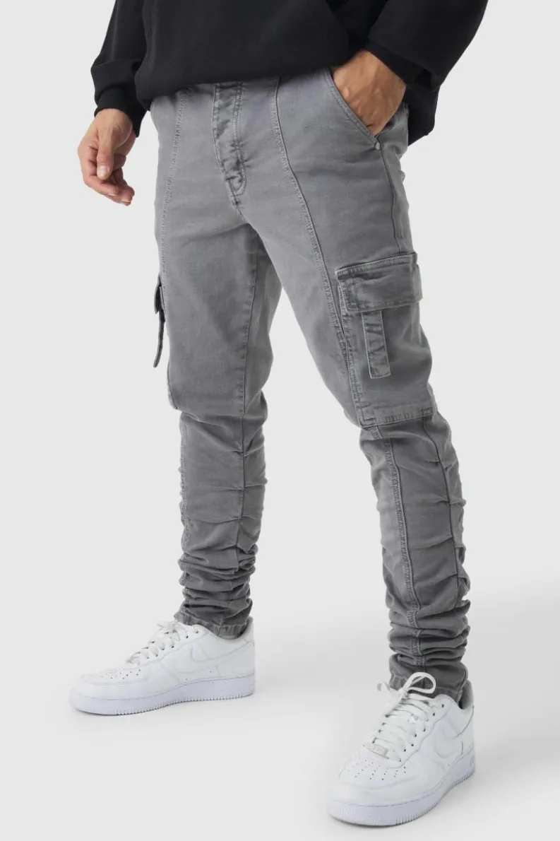 Best boohooMAN Skinny Stacked Ruched Strap Cargo Trousers slate