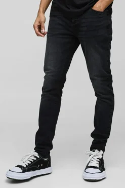 Hot boohooMAN Skinny Stretch Acid Wash Applique Denim Jeans black