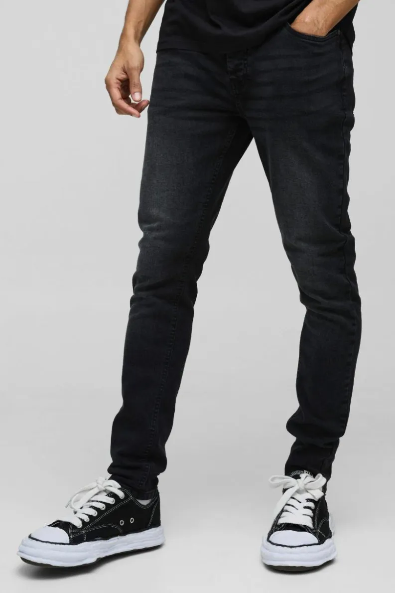 Hot boohooMAN Skinny Stretch Acid Wash Applique Denim Jeans black