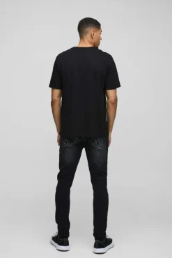 Hot boohooMAN Skinny Stretch Acid Wash Applique Denim Jeans black