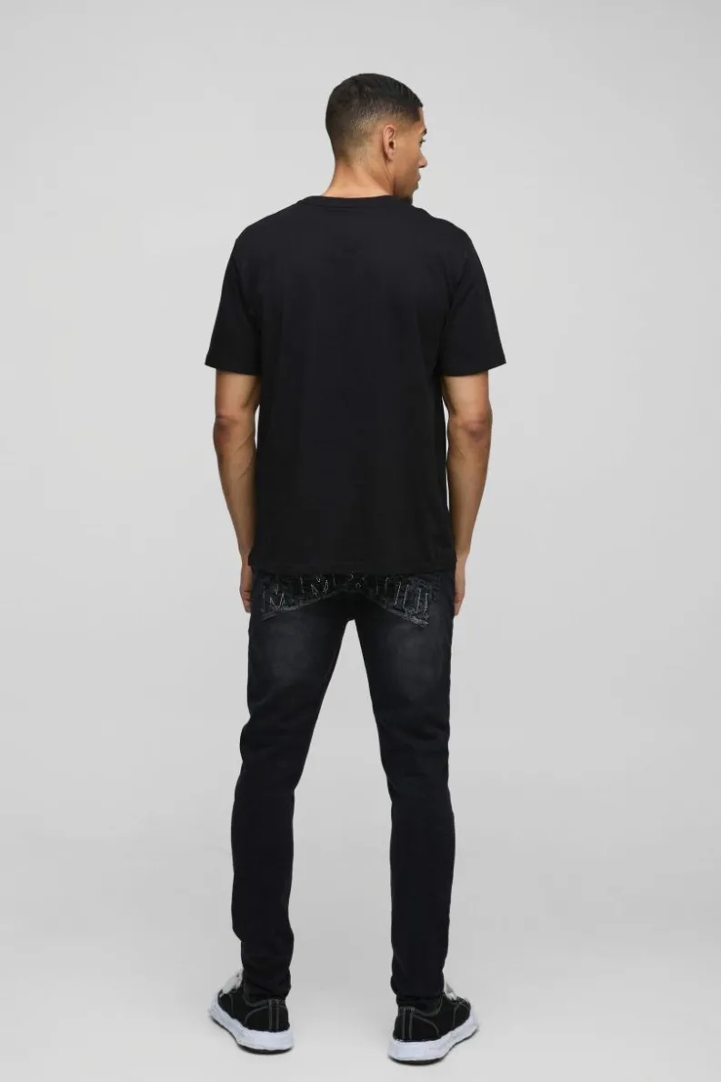 Hot boohooMAN Skinny Stretch Acid Wash Applique Denim Jeans black