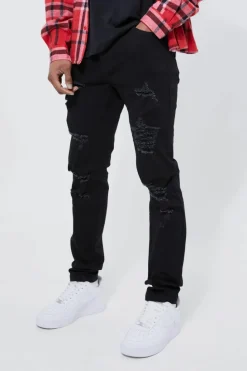 Sale boohooMAN Skinny Stretch All Over Rip Jeans true black