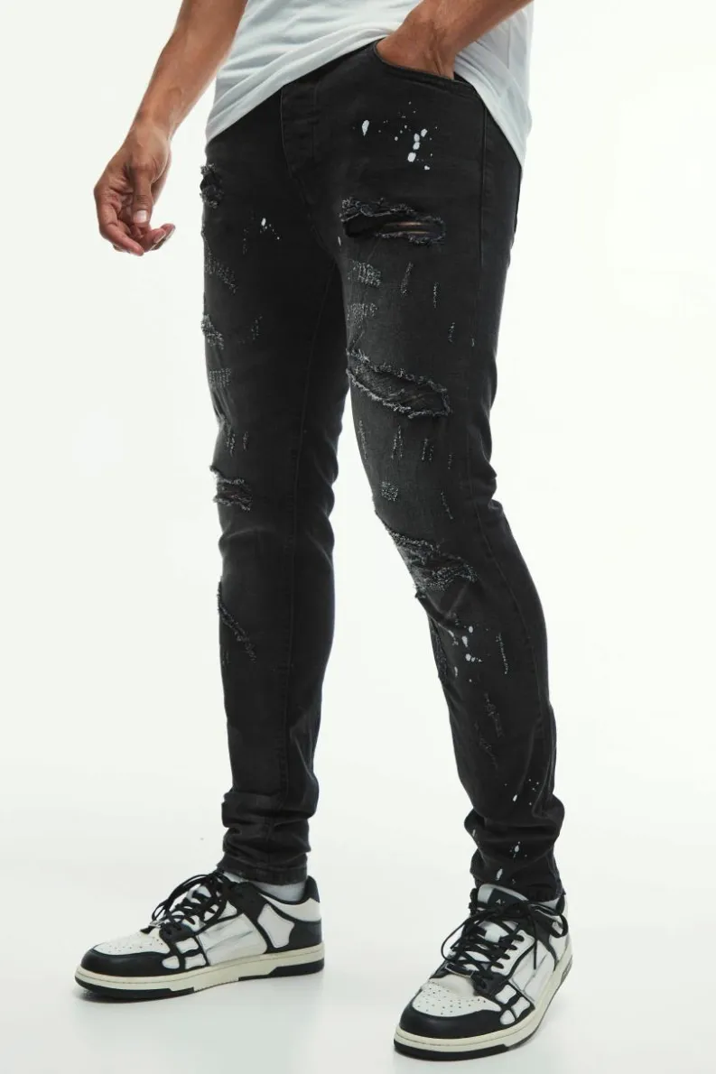 Sale boohooMAN Skinny Stretch All Over Rip & Repair Paint Splatter Jeans washed black