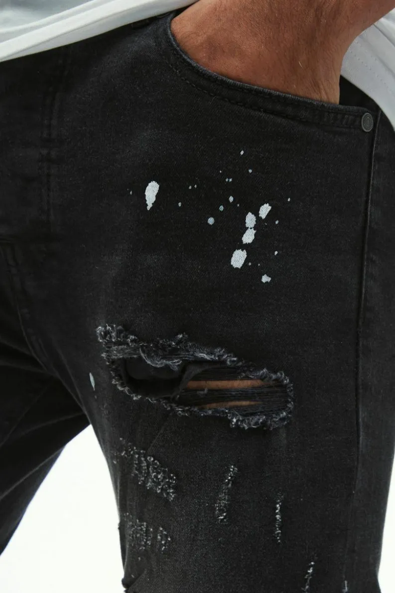 Sale boohooMAN Skinny Stretch All Over Rip & Repair Paint Splatter Jeans washed black