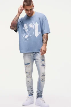 Store boohooMAN Skinny Stretch Black PU Biker Rip & Repair Jeans antique blue