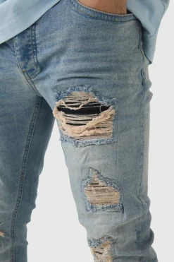 Store boohooMAN Skinny Stretch Black PU Biker Rip & Repair Jeans antique blue