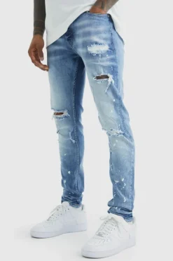 Cheap boohooMAN Skinny Stretch Bleached Ripped Knee Jeans ice blue