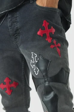 Online boohooMAN Skinny Stretch Flare Cross Applique Jeans charcoal