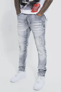 Cheap boohooMAN Skinny Stretch Heavy Bleached Ripped Jean ice grey