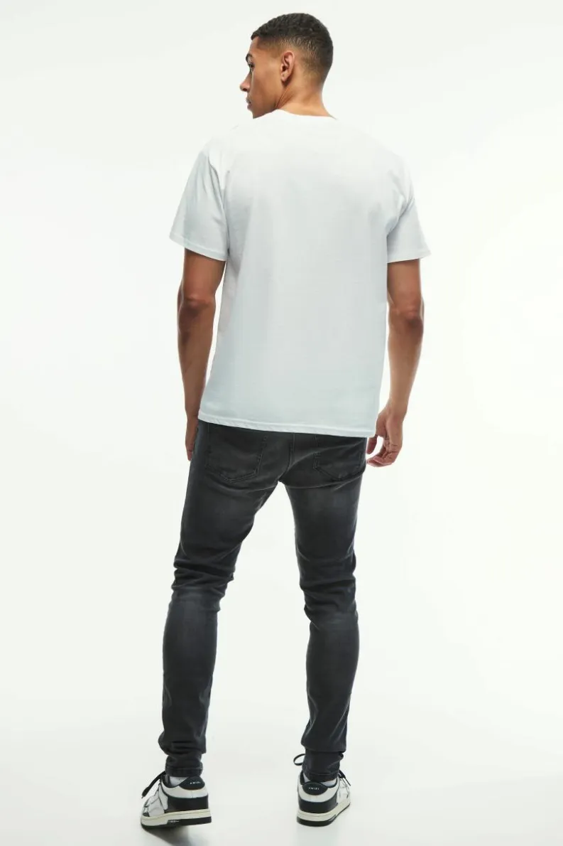 Online boohooMAN Skinny Stretch Knee Rip Paint Splatter Jeans washed black