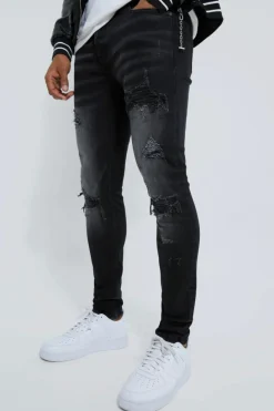 Fashion boohooMAN Skinny Stretch Rip And Repair Biker Jeans washed black