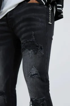 Fashion boohooMAN Skinny Stretch Rip And Repair Biker Jeans washed black