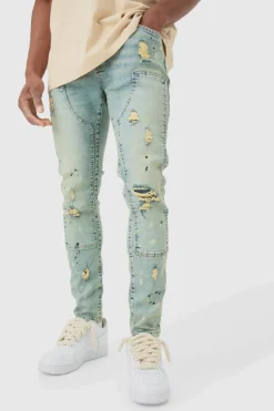 Best boohooMAN Skinny Stretch Ripped Carpenter Jeans In antique blue