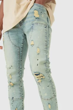 Best boohooMAN Skinny Stretch Ripped Carpenter Jeans In antique blue
