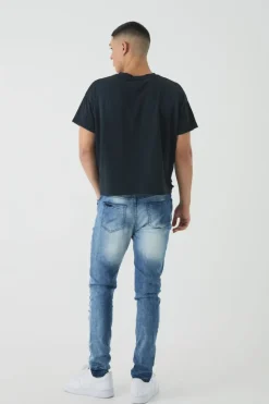 Online boohooMAN Skinny Stretch Ripped Jeans blue